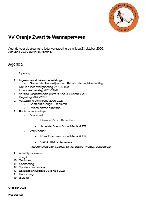 Agenda ledenvergadering 23 oktober